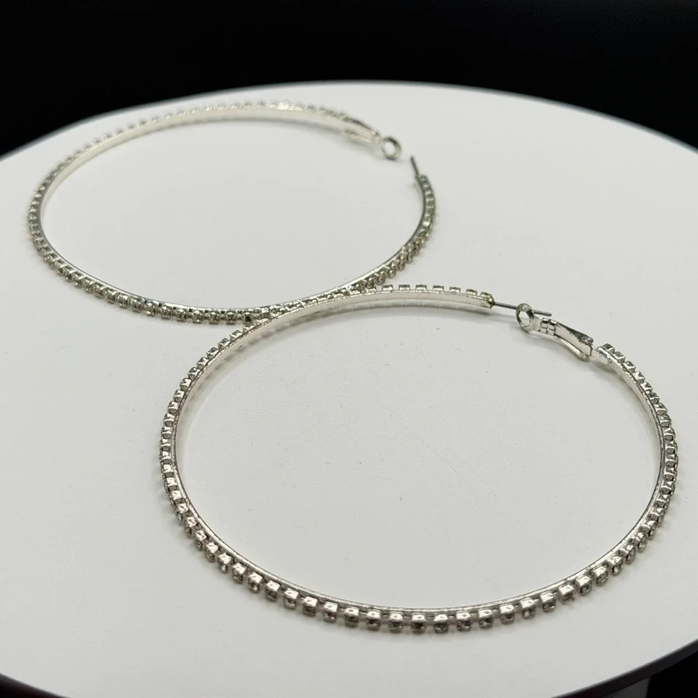 Large Rhinestone Hoop Earrings Silver Tone Sparkly Statement Y2K Party Gift
